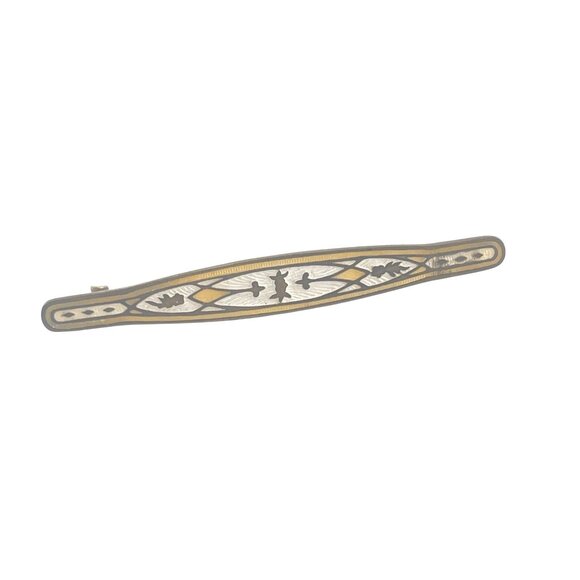 Vintage Art Deco Cloisonné Bar Brooch With Intricate Geometric Design Warm Tones - Picture 11 of 11